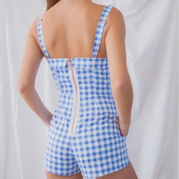 FOR LOVE AND LEMONS Gingham Blue Dixie Bow Romper, Size S - Picture 3 of 15